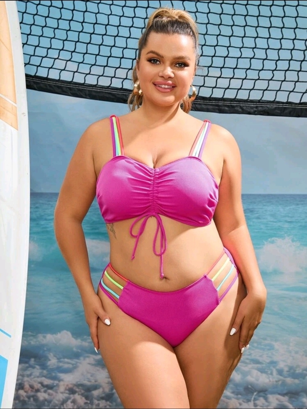 Shein 4x Pink Ruched Bikini Set with Rainbow Straps - Women Swim